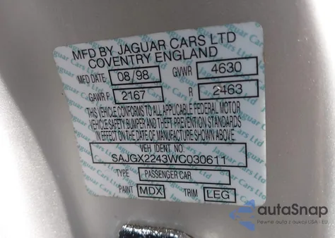 1998 Jaguar Xk8 from USA, damaged, VIN SAJGX2243WC030611